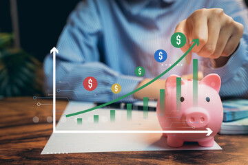 Poster - Saving money. Businessman Analyzing Profit Growth with Piggy Bank and Chart, Financial Planning and Investment Concept