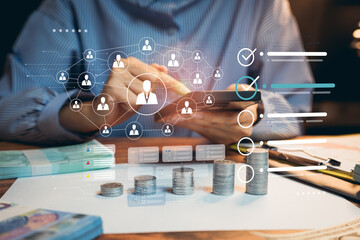 Poster - financial analysis. Digital Financial Analysis with Coins and Graphs Depicting User Connections in Modern Workspace Setting