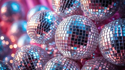 Wall Mural - Closeup shot of reflective disco balls, tinted pink smoothly.