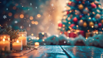 Poster - Christmas background featuring a gray Christmas tree, snowflakes, and frost, with a desk providing space for your product.