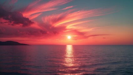 Poster - Bright crimson sunset over the evening sea with vibrant colors and tranquil waves.