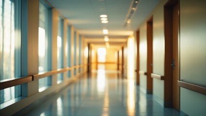Poster - Bright empty defocused hospital corridor background with space for content placement. Blurred open-office environment with vacant area.