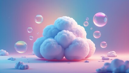 Poster - Cotton wool clouds displayed in holographic neon colors against a gradient pastel background. Cyberpunk aesthetic concept art. Minimal surrealism.