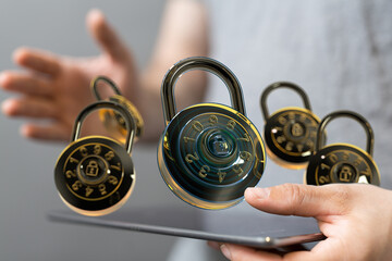 Aufkleber - Secure your data!  Image depicts multiple combination locks hovering over a tablet, symbolizing online security and data protection.