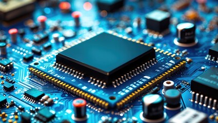 Poster - Close-up of electronic circuit board featuring a processor in the background.