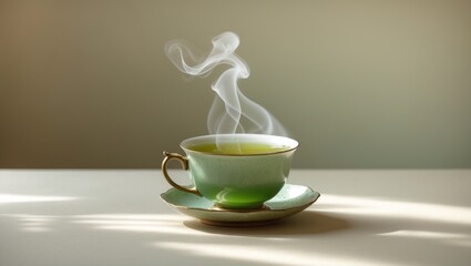 Poster - Clever layout utilizing a backdrop and a cup of green tea. Observation from afar.