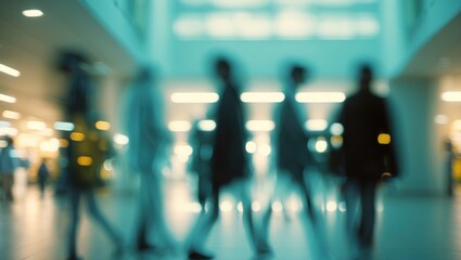 Poster - Blurry background emphasizing a bright, open office layout. Contemporary blurred image of office space. Photo background suitable for banners and posters.