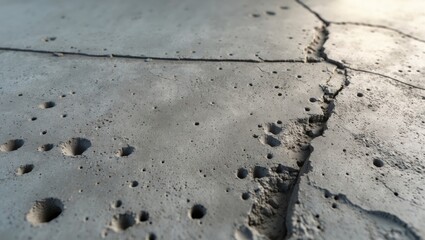 Poster - Closeup of a weathered textured concrete surface displaying a rustic gray expanse characterized by scratches, small holes, and subtle dark patches.