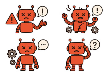 Poster - Illustrations depicting robotic characters experiencing various states of confusion and malfunction in a creative style