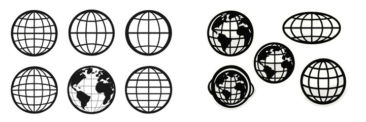 Leinwandbilder - Various globe designs represented in black, illustrating continents and grid patterns for educational use