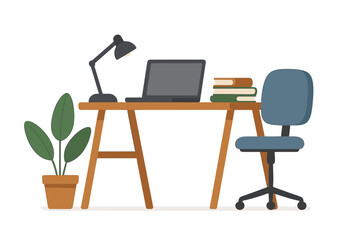 Poster - Stylish home workspace featuring a desk, chair, laptop, books, and plant in a bright setting