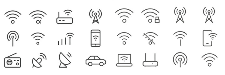 Fototapete - Collection of wireless connectivity icons showing various devices and signals in a minimalist style