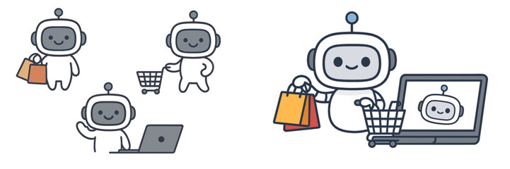 Poster - Cute robot characters engaging in shopping and online activities in a modern digital environment