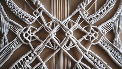 Poster - Close-up of hand-made macrame texture pattern, showcasing modern knitting DIY natural decoration ideas for interior design. Flat lay. Handmade macrame. Female hobby.