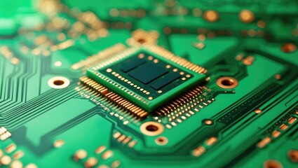 Poster - Green electronic PCB circuit background, close-up of microchip and component on an electronic circuit board. Electronics and IT technology manufacturing and business textured background