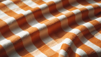 Poster - Checkered tablecloth or picnic texture, plaid, clothes. Geometric fabric background, vintage textile pattern. Orange and white plaid.