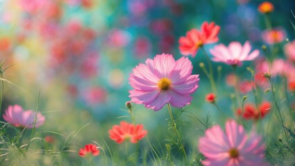 Wall Mural - Blooming pink cosmos flower and bee collecting pollen in a wildflower meadow on a sunny summer day in a tropical garden. Copy space