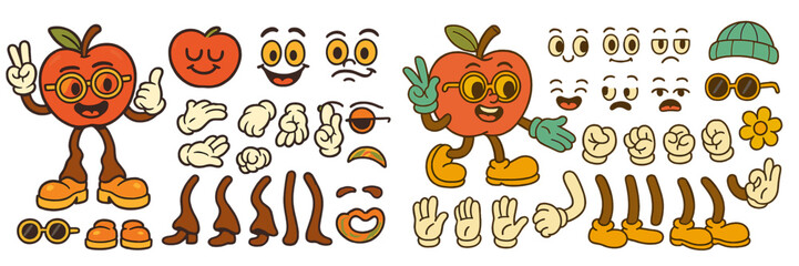 Aufkleber - Colorful cartoon character design featuring an expressive apple with various facial expressions and accessories