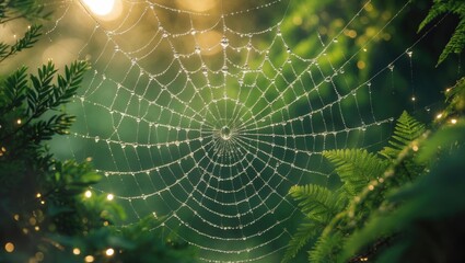 Poster - Close-up of a spider web covered with morning dew.