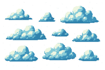 Poster - Various pixelated cloud formations in shades of blue against a light background