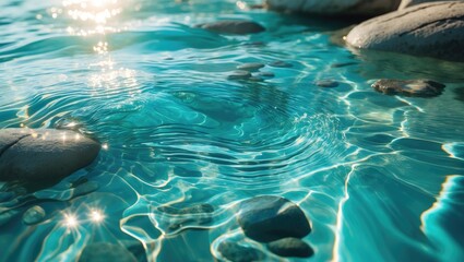 Poster - Clear, shallow water flows softly over smooth rocks, with light reflecting on the surface.