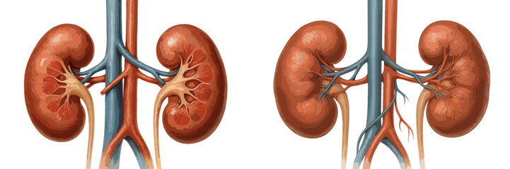 Poster - Detailed illustration of human kidneys showcasing anatomical structure and vascular connections from multiple angles