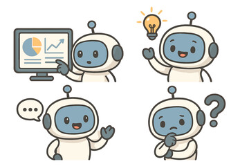 Fototapete - Cartoon robot characters engaging in different activities related to innovation and technology in a friendly, lighthearted manner