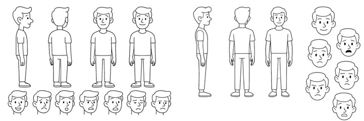 Aufkleber - Character design showcasing male figure in various poses and expressions for animation and illustration projects