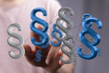 Aufkleber - 3D rendering of interconnected paragraph symbols, illustrating legal network, law, legislation, and regulations.