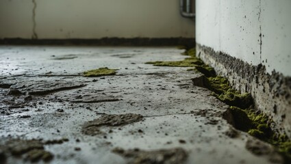 Poster - Close-up of a weathered concrete wall with dirt and moss buildup at the base.
