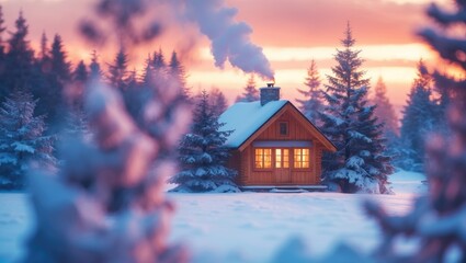 Wall Mural - Blurred background of a peaceful landscape showcasing a cozy cabin amidst trees, evoking a serene and calm atmosphere ideal for relaxation.