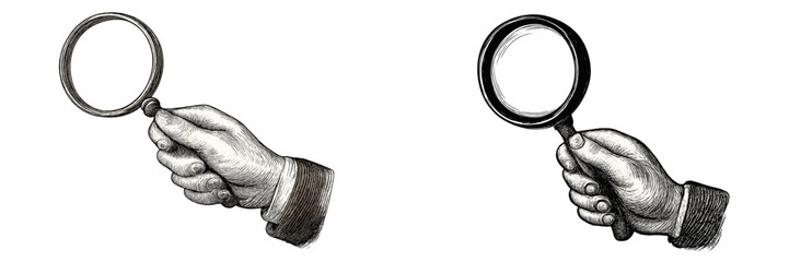 Poster - Hand holding a magnifying glass showcasing details of an investigation in a vintage style illustration
