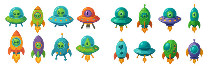 Aufkleber - Colorful cartoon rockets and UFOs designed for children's artwork or games featuring lively aliens and futuristic shapes