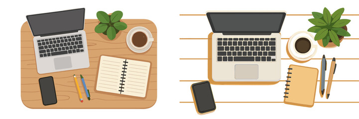 Poster - Workspace setup featuring laptop, notebooks, and plants at a home office during the morning