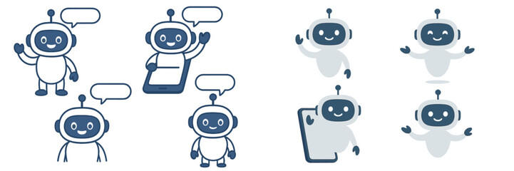 Aufkleber - Friendly robots engaging in conversation using mobile device in a playful digital setting with cheerful expressions and gestures