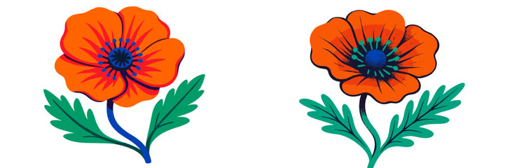 Poster - Colorful poppy flowers with vibrant petals and green leaves displayed against a simple background