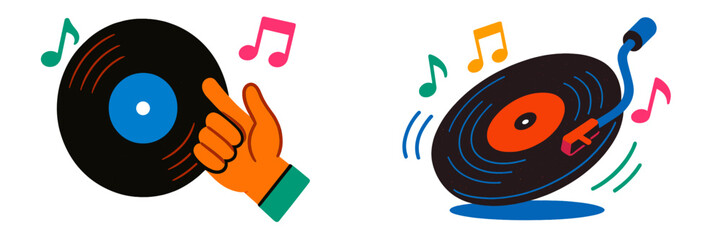 Poster - Bright and colorful illustrations of a vinyl record and turntable with music notes floating around