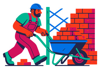 Aufkleber - Construction worker transporting bricks using a wheelbarrow at a building site in an urban area during daylight hours
