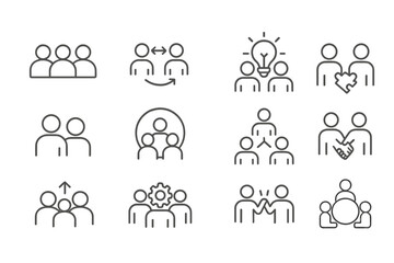 Aufkleber - Variety of hand-drawn icons representing teamwork, collaboration, and idea sharing in a digital format