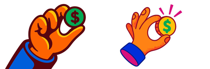 Poster - Colorful hands holding coins symbolizing wealth and financial growth in a modern graphic style