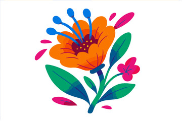 Poster - Brightly colored flower design featuring vibrant orange petals and green leaves against a white background