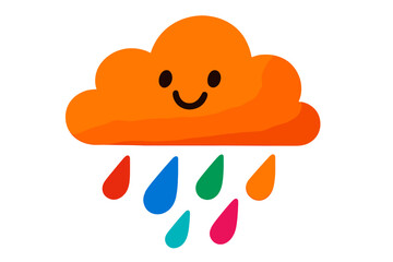 Fototapete - Bright orange cloud with cheerful face and colorful raindrops illustrating playful weather
