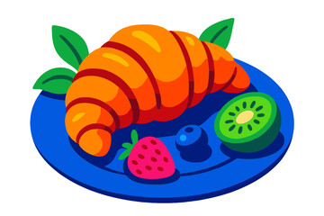 Poster - Colorful croissant with fresh fruits served on a blue plate in a bright kitchen setting during breakfast time