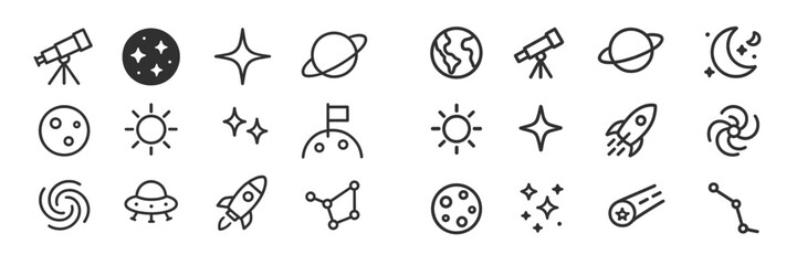 Poster - Symbols of space exploration featuring telescopes, planets, and celestial phenomena in a minimalist style