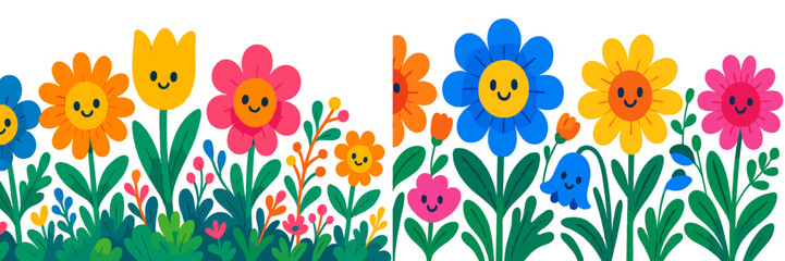 Poster - Colorful cartoon flowers with smiling faces in a vibrant garden setting on a bright day