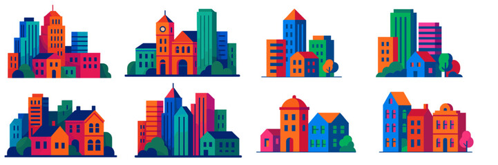 Poster - Colorful urban skyline illustration showcasing various architectural styles and buildings in a vibrant city setting