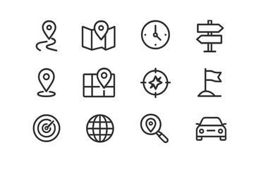 Leinwandbilder - Collection of travel icons representing navigation, time, and exploration in a simple design