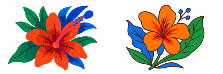 Poster - Brightly colored hibiscus flowers with vibrant leaves in a graphic design style creat an eye-catching floral arrangement