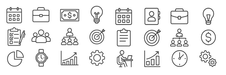 Poster - Collection of business-related symbols depicting planning, teamwork, growth, and finance in a minimalist style