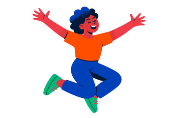 Fototapete - Child joyfully jumping with arms outstretched in a colorful illustration celebrating happiness and playfulness